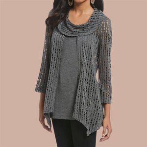 Ali Miles 2 pc Gray Tunic Cowl Neck 3/4 Sleeve Laser Cut Out‎ Size M